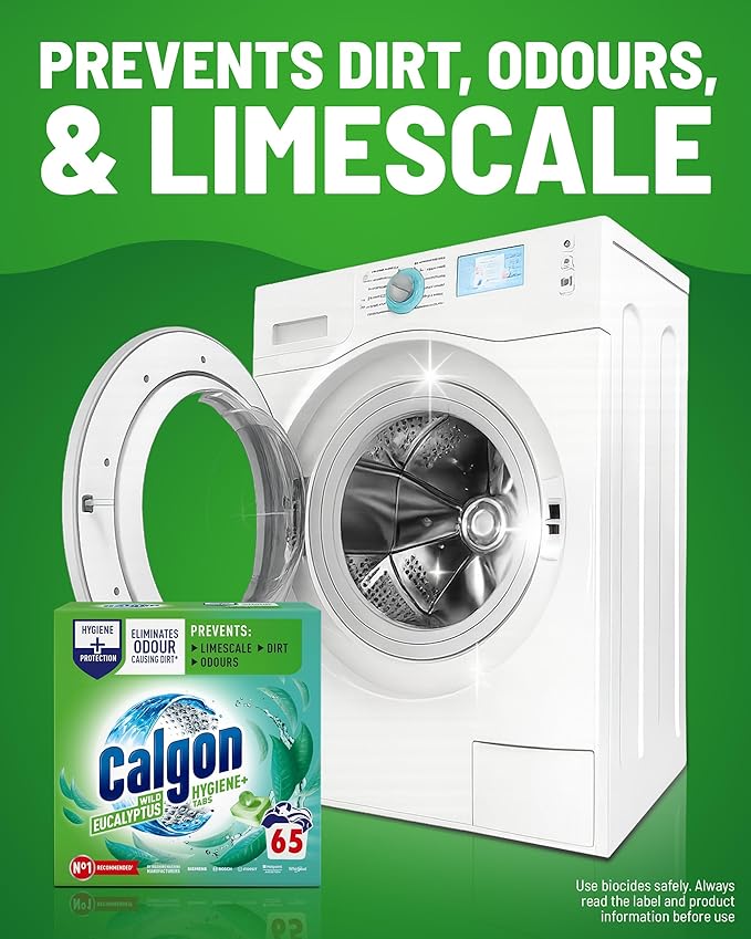 Calgon Hygiene Plus Washing Machine Cleaner & Limescale Remover, Water Softener Tablets, Unscented, 65 Tablets, Pack of 1