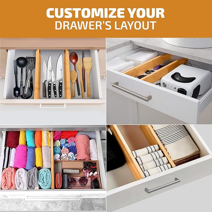 4 Pack Bamboo Drawer Dividers - 2.6 in High, Adjustable 16 to 22 in Expandable Drawer Organizers and Dresser Separators for Clothes, Bedroom, Bathroom, Kitchen, and Office Organization and Storage