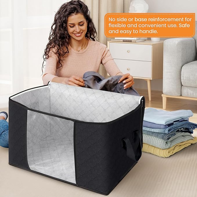 Fab totes 24 Gallons Clothes Storage, Foldable Thick Fabric Blanket Storage Bags, Containers for Organizing Bedroom, Closet, Clothing, Comforter, Organization with Handle (6 Pack,Black)
