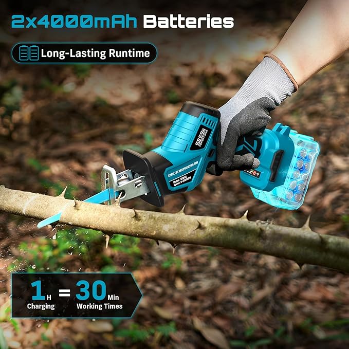 SEESII Reciprocating Saw Cordless, Variable Speed 3500 RPM Brushless Motor with 6 Saw Blades, 2 x 4.0Ah Batteries, LED Light, Tool‑Free Blade Change, Portable for Wood PVC Cutting
