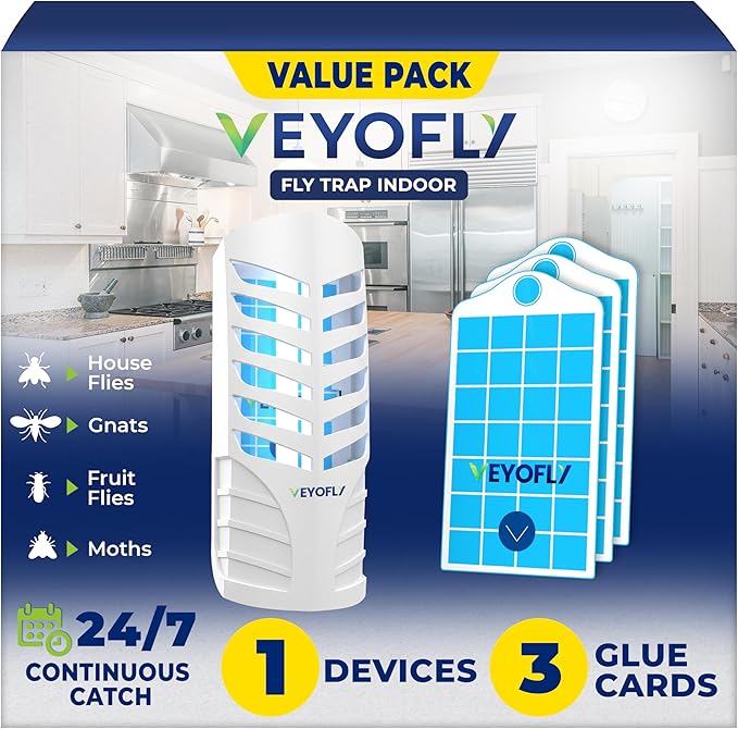 VEYOFLY Fruit Fly Trap Indoor (1 Device + 3 Refills), Gnat Catcher, Plug-in Light Insect Trap for House, Bug Killer