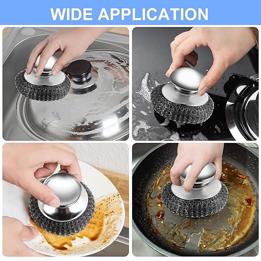 2Pcs Stainless Steel Wool Scrubber with Handle, 4 Replacement Steel Scrubber Wool Pads，Stainless Steel Scrubber for Cleaning Cast Iron, Dishes, Kitchen Pots, Pans, Grills, Stoves, Sink