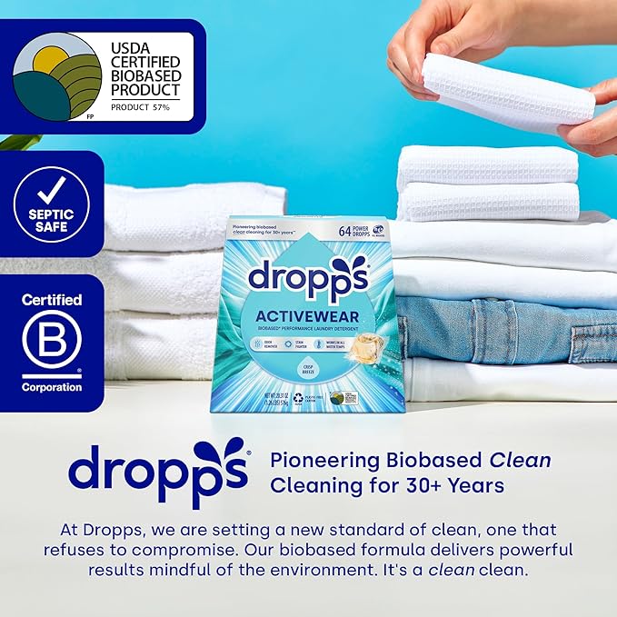 Dropps Activewear Laundry Detergent Pods, Rose Energy (64 Count) - Powerful Laundry Pods | Fights Sweat & Body Odors | For Synthetic Workout Clothes | Clean Ingredients | Plastic Free Packaging