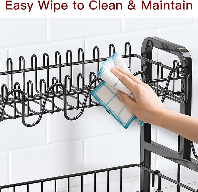 2 Tier Dish Drainers Drying Rack for Kitchen Counter Large Stainless Steel Dishes Drain with Drainboard, Space Saving, Big Modern Black Countertop Metal Plates Dryer Strainer Holder and Extra Tray