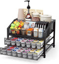 Homsorout Coffee Bar Organizer - Coffee Station for Countertop, Metal and Wood K Cup holder Storage Basket for Syrup, Cups, Stirrer, Condiment, Tea Organizer, Black