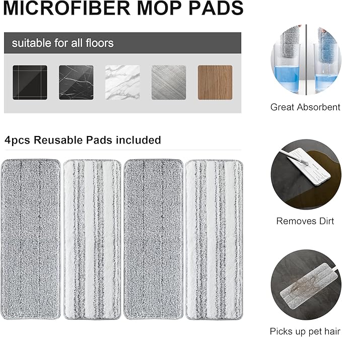 Mop and Bucket with Wringer Set, Flat Floor Mop and Bucket, with 2 Mops and 4 Microfiber Cleaning Cloths for Floor Cleaning, Wet and Dry Use
