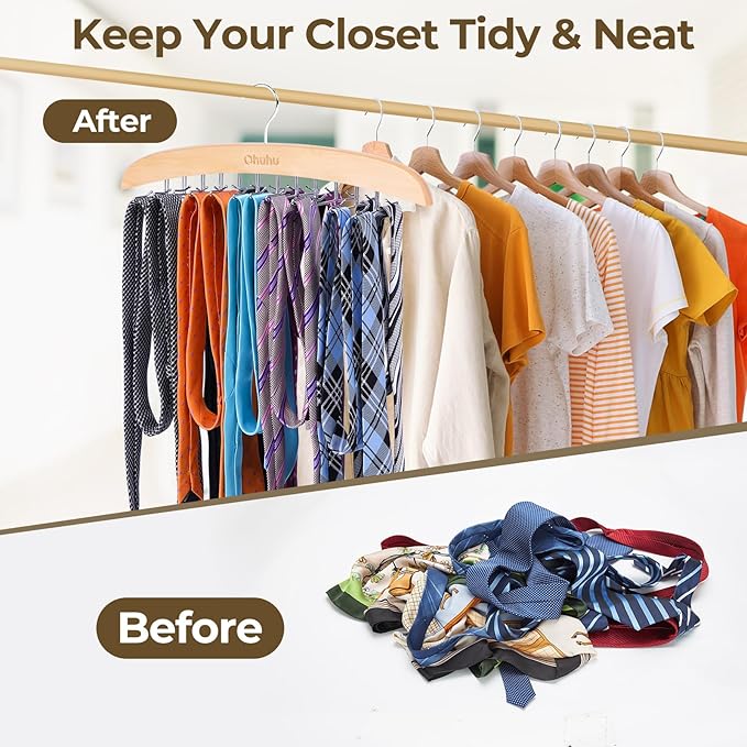 Tie Rack Hanger for Closet: Ohuhu 2 Packs 24 Folding Hooks Tie Hangers for Men Wooden Tie Holder Organizer Space Saving Necktie Storage 360 Degree Rotating Ties Belts Scarves Tank Tops-Burlywood