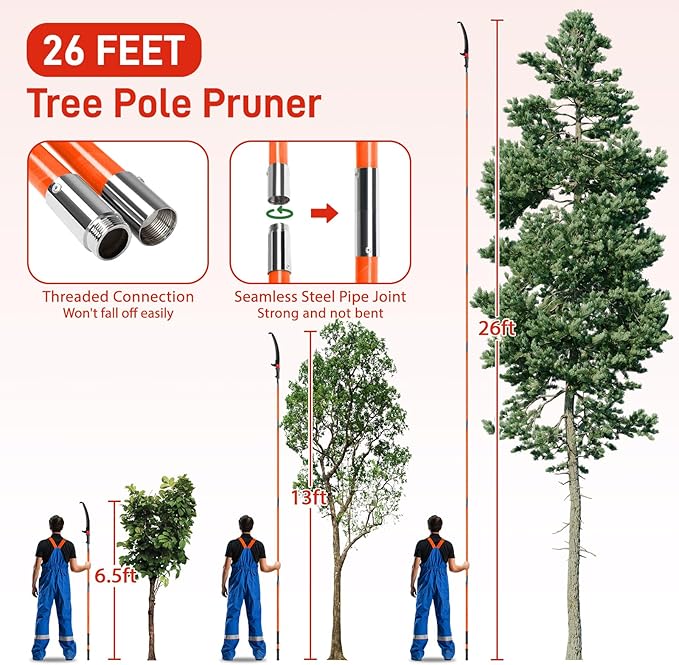 VINGLI Manual Pole Saw for Tree Trimming, 26 ft Extendable Tree Pruner, Sharp Steel Blade and Scissors, High Tree Branch Cutter with Lightweight 8 Fiberglass Long Handles, for Pruning Palms and Shrubs