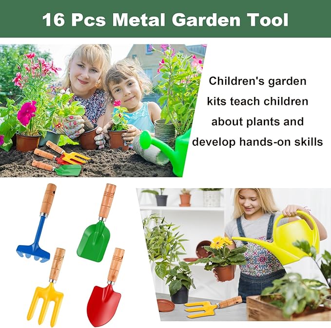 16 Pcs Gardening Tools Metal Garden Beach Sandbox Digging Including Shovel, Rake, Fork and Trowel, Garden Beach Sand Tools with Wooden Handle Hoe for Gift Outdoor Gardening