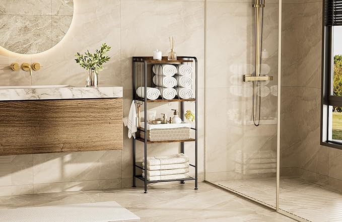 TETOTE 4-Tier Towel Rack, M-Shaped Detachable Dividers Towel Shelf with Hooks for Bathroom, Free Standing Pool Towel Holder Space-Saving Organizer, Rustic