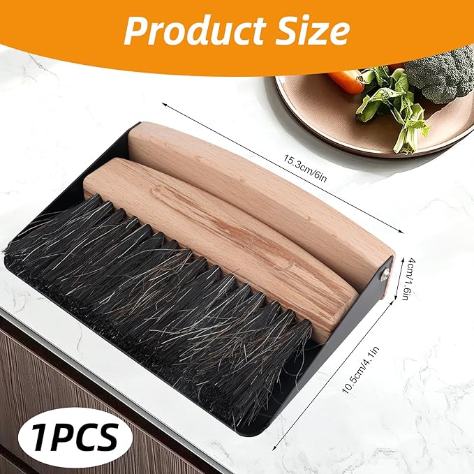 Small Dustpan and Brush Set with Wooden Handle,Mini Metal Crumb Sweeper for Countertops,Desk,Pet Hair,Car,Portable Cleaning Tools for Kitchen,Camping,Sofa (Black)