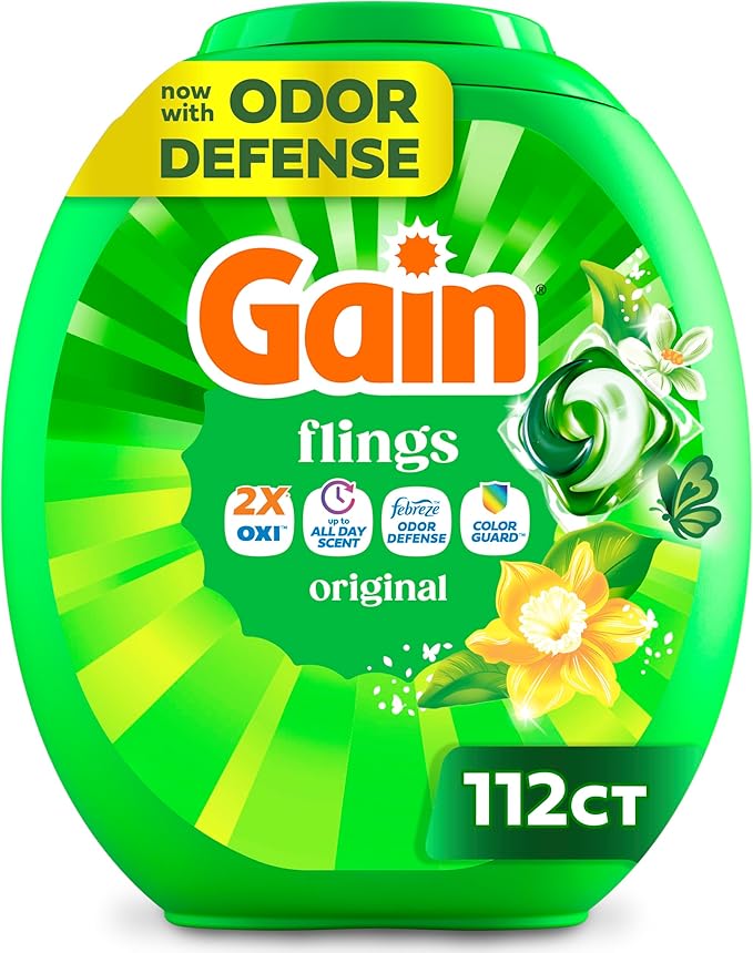 Gain Flings Laundry Detergent Pacs, Odor Defense, 112 Count, Original Scent, 3 in 1 HE Compatible Detergent Pacs with Oxi Boost and Febreeze