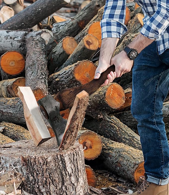 Camping Axe - 21 inches Chopping Axe for Wood Splitting and Kindling, 1055 High Carbon Steel and Beech Wooden Handle, with Leather Sheath - Head 1.5 lbs