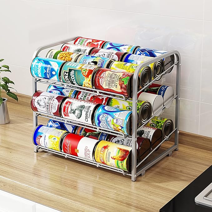 AIYAKA Can Rack Organizer, 3 Tier Stackable Can Storage Dispenser,for Food Storage, Kitchen Cabinets or Pantry, Storage for 36 Cans, Silver
