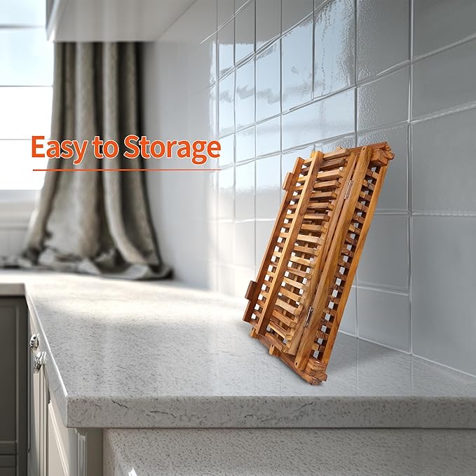 Utoplike 3 Tier Collapsible Teak Wood Dish Drying Rack, Foldable Large Capacity Dish Draine, Space-Saving Countertop Kitchen Organizer for Plates, Cups