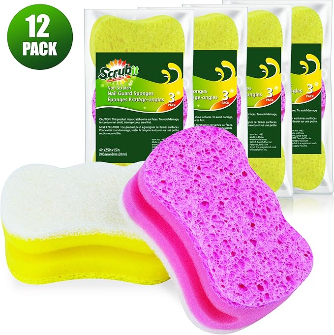 Scrub Sponge by Scrubit –Multipurpose Cellulose Cleaning Sponges with Non Scratch Scouring Pad for Dishes, Pots, Pans, Glass Cooktop - Super Absorbent - Unique Shape to Protect Nails: 12 Pack