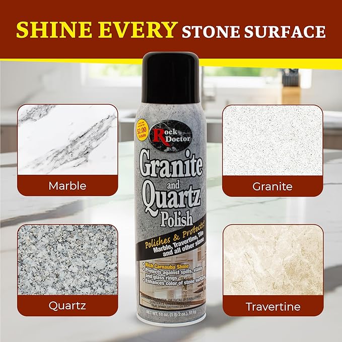 Rock Doctor Granite Polish Spray and Surface,18oz.Can Polish Tile, Marble, Kitchen Countertop, and Natural Stone Surfaces, Streak-Free Shine Pack of 2