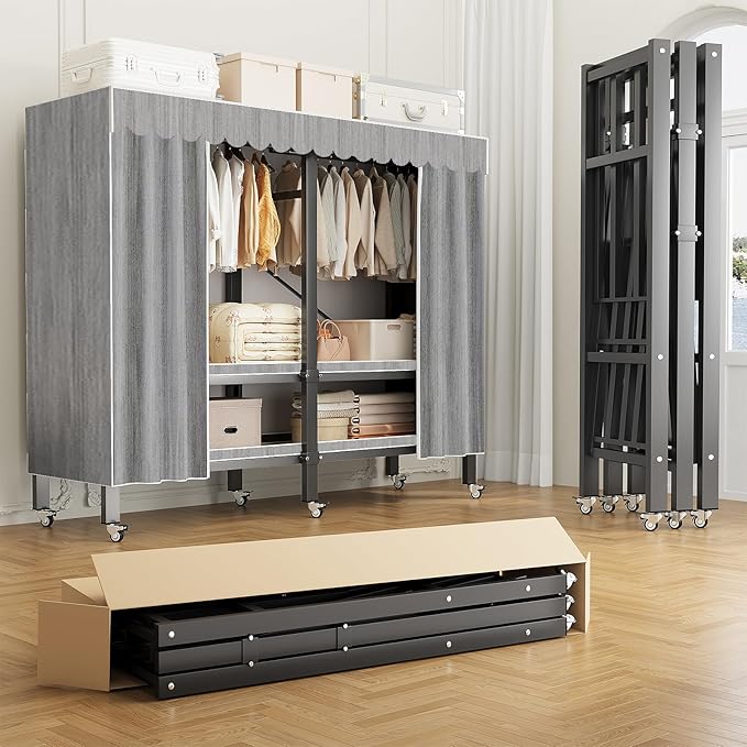 Heavy Duty Portable Closet with Cover Foldable Covered Clothes Rack for Hanging Clothes Armoire Wardrobe Closet System Freestanding Coat Storage Garment Racks (light gray（86.52in）)