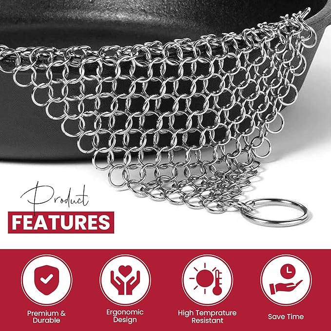 Zylark Cast Iron Scrubber Chain - Cast Iron Cleaner Scrubber - Chain Mail Scrubber Cast Iron - Chainmail Scrubber - Skillet Cleaner - Pan Scrubber for Cookware