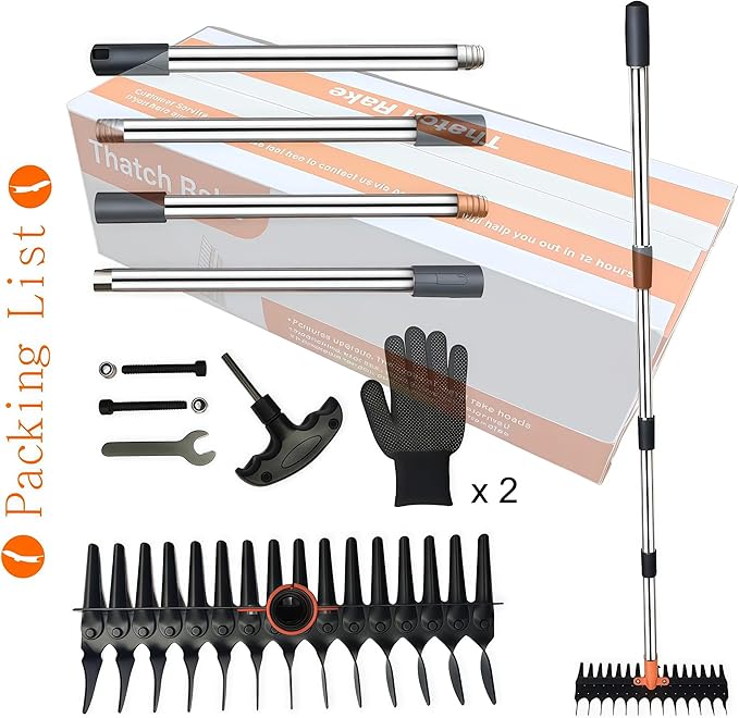 15" Heavy Duty Thatch Rake - Different Two-Row 29 Tines Metal Dethatcher with Strong Adjustable Handle for Lawn Yard Leaf Weed Removal & Soil Loosening