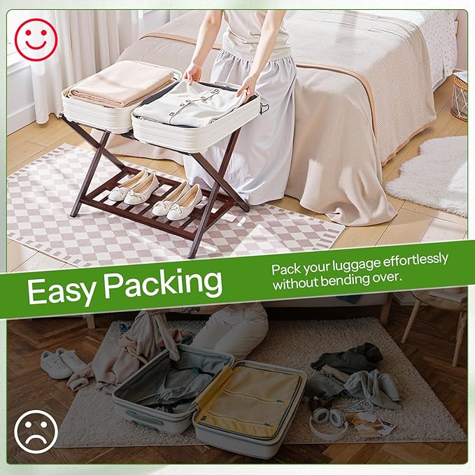 HOOBRO Luggage Rack, Bamboo Suitcase Stand, Folding Luggage Holder, Nylon Strap Support Top, for Guest Room, Hotel, Bedroom, Closet, Dark Brown BR18XL01