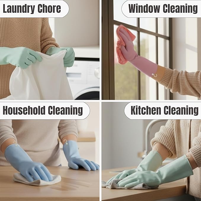 IMARU 3 Pairs Dishwashing Gloves with Hanging Hooks - Reusable Rubber Cleaning Gloves for Household & Kitchen & Gardening, Non-Slip & Waterproof & Durable (Small)