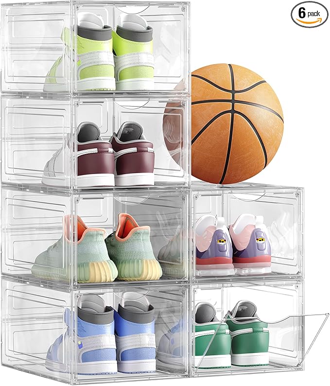 SONGMICS Shoe Boxes, Set of 6, Clear Plastic Shoe Storage, Stackable Sneaker Box, Drop Front Door, Up to US Size 11, Easy Assembly, 13 x 9.8 x 7.1 Inches, Transparent White ULSP032W06
