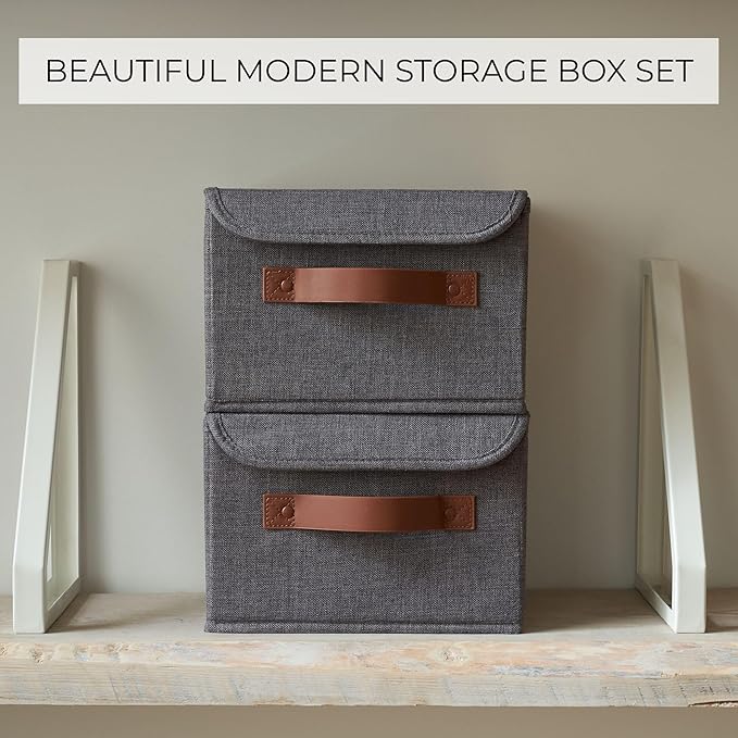 Decorative Linen Storage Boxes with Lids - Spacious Set of 2 Organizer Bins for Your Home Decor - The Perfect Small Container to Safely Store Photos, Documents and Memory Box Keepsakes in Style