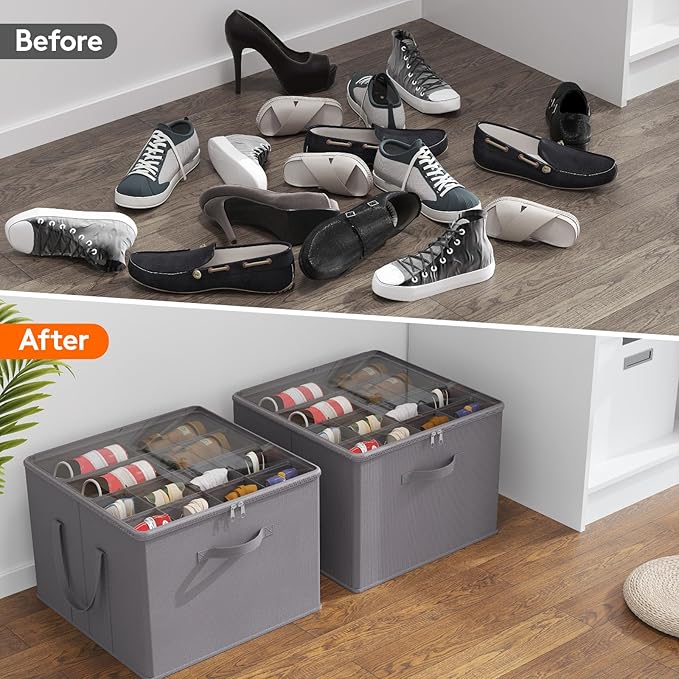 Lifewit Shoe Storage Organizer for Closet, Fabric Large Shoe Box Storage Containers with Clear Cover, Foldable Bins for Boots Heels Sneakers Fits 96-128 Pairs (Each 12-16 Pairs) 8 Pack Gray