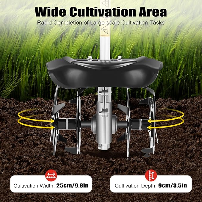 Gas-Powered Handheld Tiller Cultivator, 51.7CC 2-Stroke Engine, 1.45kW, 6500RPM, Lightweight, Mini Tiller Cultivator for Efficient Soil Loosening, Weeding & Farming in Gardens, Hills & Hard Soil
