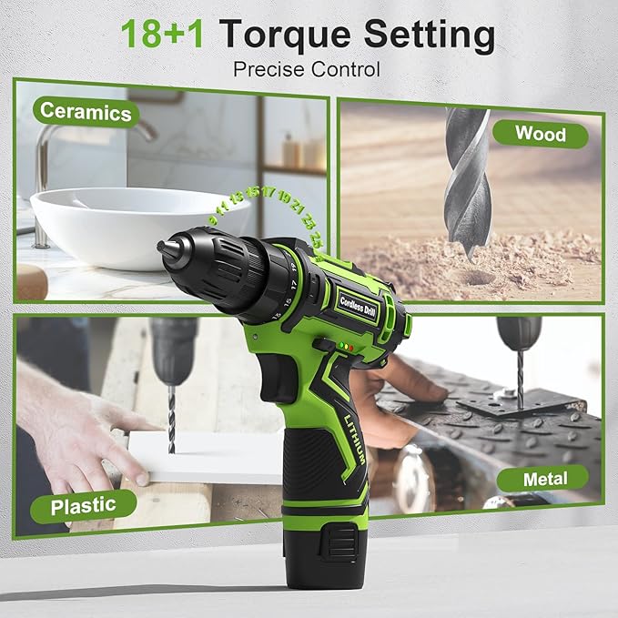 Cordless Drill Set,12V Power Drill Driver 3/8" Keyless Chuck with 92 Acessories, Built-in LED Light, 25+1 Position, Electric Drill for Home DIY Projects (Green)