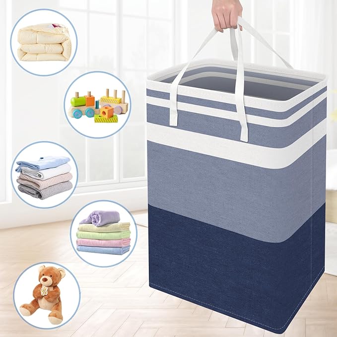 BlissTotes 3-Pack Laundry Basket, Freestanding＆Waterproof Laundry Hamper, Collapsible Tall Clothes Hamper with Easy Carry Handles for Clothes, Towels in the Family and Dorm,Gradient Blue,125L