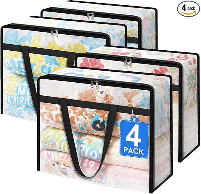 TasticTotes 4 Pack Clear Storage Bags for Comforter, Clothes & Bedding, Plastic Blanket Storage with Zipper and Handle, Moving Bags, Closet Organizer and Under-Bed Storage (40L)
