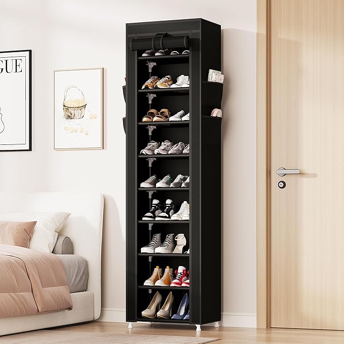 Calmootey 9 Tier Shoe Rack Organizer,Portable Shoe Shelf with Nonwoven Fabric Cover for Closet Hallway,Bedroom,Entryway,17.72x11.81x62.99inches,Black