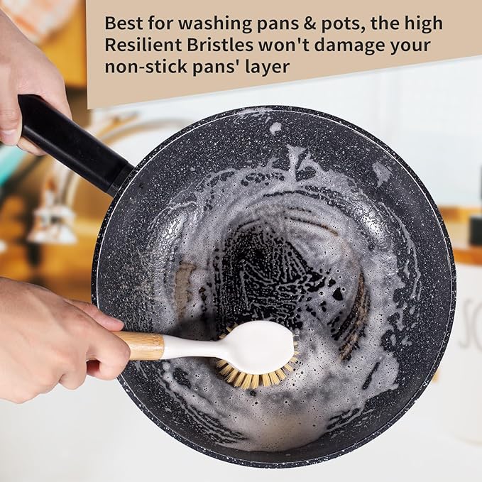 Kitchen Dish & Cast Iron Brush with Scraper, [2 Pack] Skillet Scrub Cleaner with Handle, Kitchen Cleaning Scrubber for Dishes, Pots, Cast Iron Skillet, Non-Stick Frying Pans, Sinks and House Cleaning