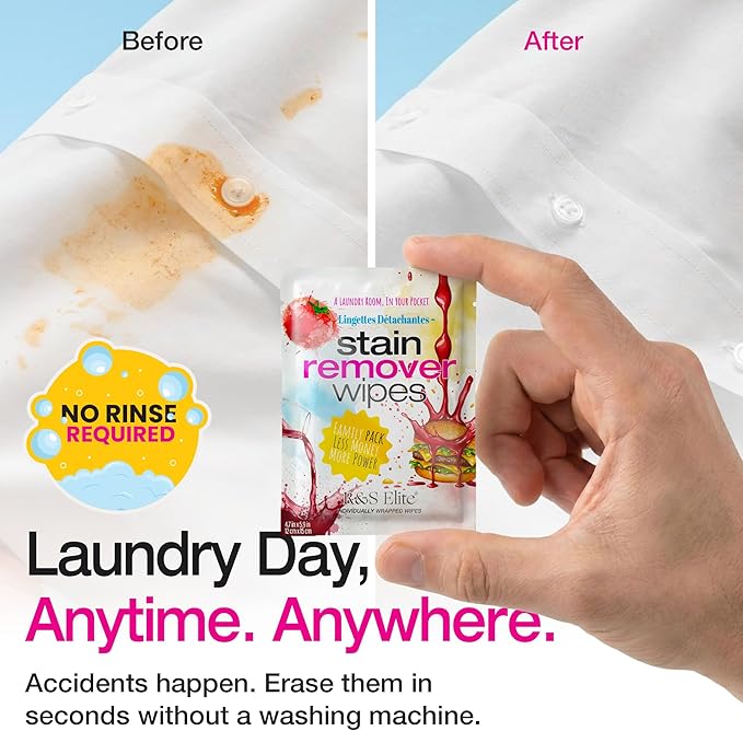 Stain Remover Wipes - 50 PCS Individually Wrapped – Instant Stain Remover for Clothes, Fabric & Jackets – Portable No-Rinse Cleaner for Travel, Purse & Diaper Bag – Removes Grease, Food & More