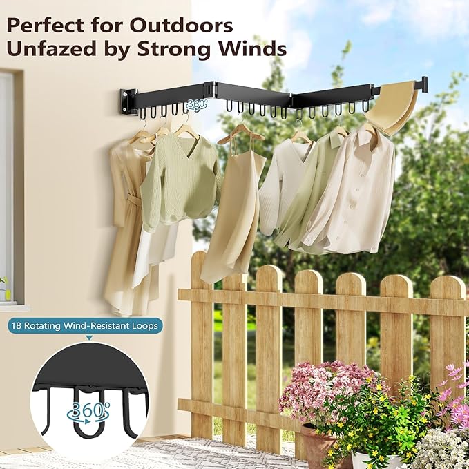 JAUREE Clothes Drying Rack Wall Mounted, Space-Saving Drying Rack Clothing, Collapsible Foldable Retractable Laundry Rack with 18 Hooks, Indoor/Outdoor, Black