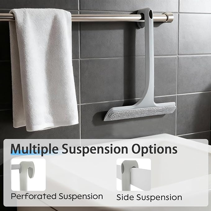 10.7“ Wide All-Purpose Shower Squeegee for Glass Doors, Squeegee for Shower Glass with Hook, Window Squeegee with Double-Ended Gap Brush Set for Shower, Bathroom, Car Glass, Mirror (Gray)