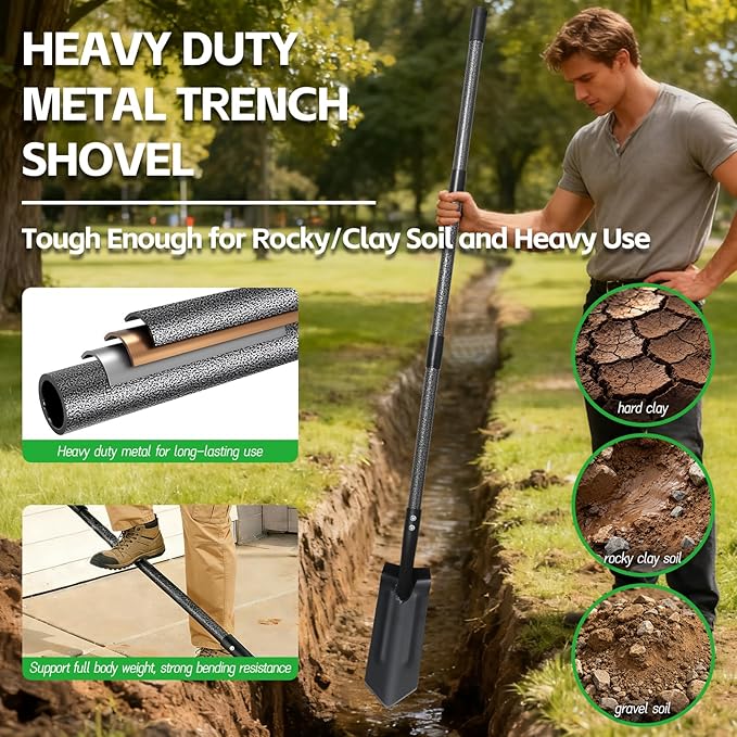 Trench Shovel for Digging, 4 inch V-Shape Narrow Trenching Spade, Heavy Duty Metal Garden Shovel Entrenching Tool for Edging Gardening Landscaping, 75 inch Adjustable Long Handle & Foot Rest Pedal