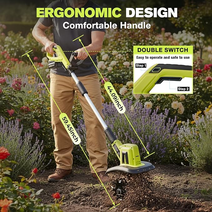 Saker 22V Cordless Electric Garden Tiller Cultivator, Lightweight Rototiller for Gardening, 9-Inch Tilling Width, 6.3-Inch Depth for Soil Preparation, Weeding, and Gardening 2 Batteries SK-TC18B