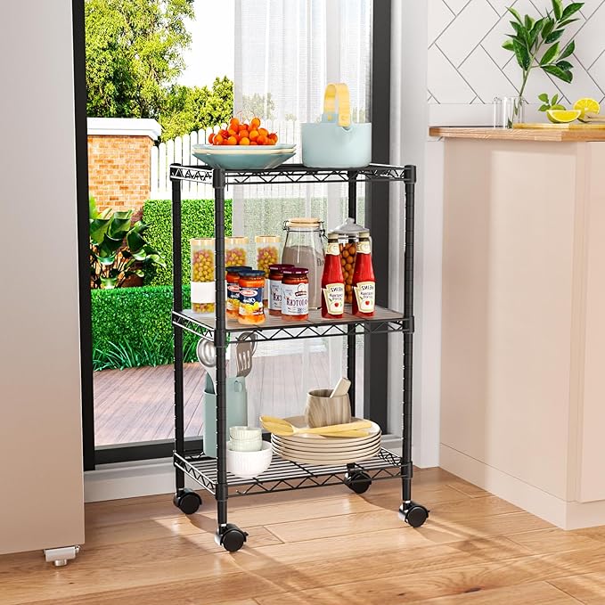 Golpart Small 3 Tier Shelves Storage Wire Shelving Unit Metal Shelf Adjustable Organizers Storage Shelving with Wheels for Bathroom Laundry Room Kitchen Pantry12”D x 18”W x 30.7”H Black