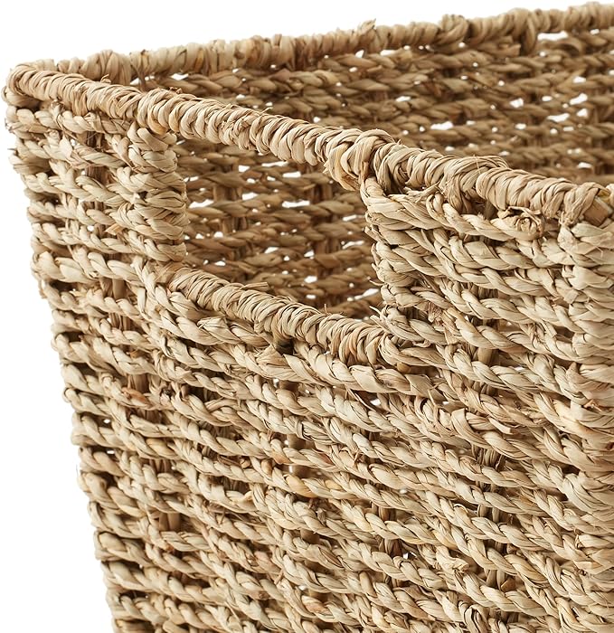 Casafield Set of 4 Seagrass Storage Baskets with Handles - Natural, Woven Rectangular Storage Bins for Shelves, Blankets, Laundry Organization
