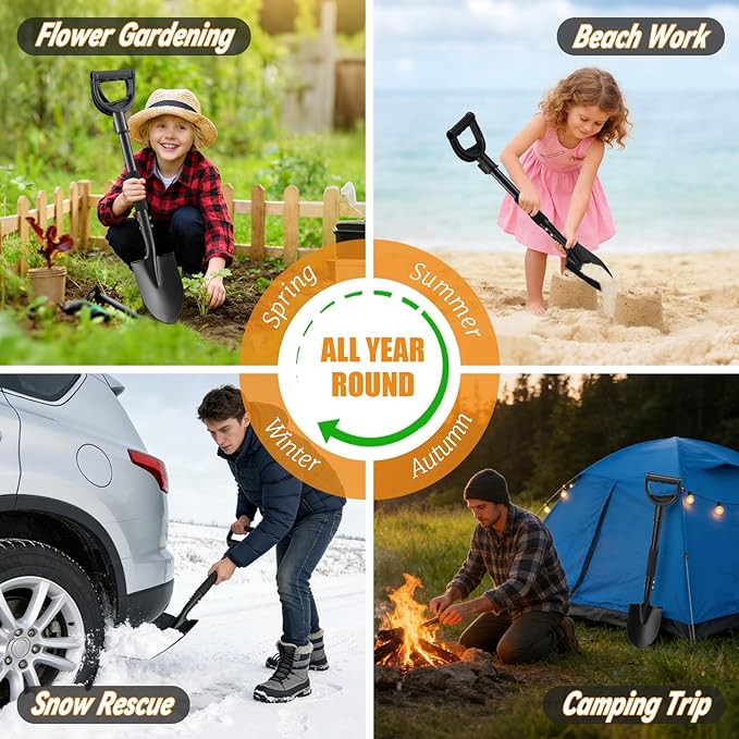 Garden Shovels for Digging, 31 Inch Small Shovel, Heavy Duty Metal Digging Shovel with D-Handle Grip, Short Kids Shovels for Digging, Mini Spade Shovel for Gardening, Camping, Beach, Car, Snow Removal