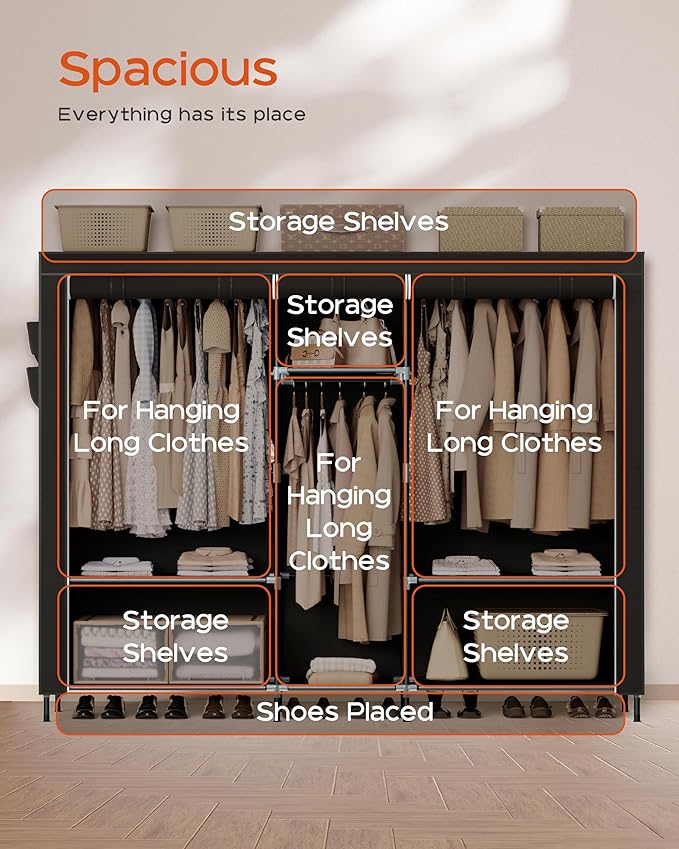 CASAMAYA Portable Closet, 77.6 Inch Extra Large Capacity Wardrobe Closet with Cover, Clothes Storage Organizer with Shelves and 3 Hanging Rods, Easy to Assembly, Black PCT223B01