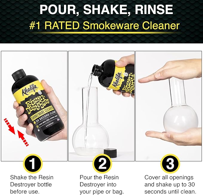 Khalifa Resin Destroyer Cleaning Solution Fl Oz Bottle - Clean & Deodorize Glass, Ceramic, Silicone & Metal - Restore Your Pieces to Perfection - Destroy Resin, Wax, Oil & Stinky Debris (32 Fl Oz)