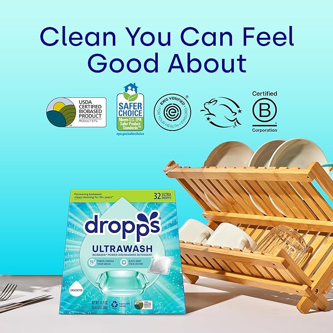 Dropps UltraWash Dishwasher Detergent Pods, Unscented (32 Ct) - Free & Clear | Cuts Grease & Stuck-On Food | Sparkling Dishes & Glasses | Residue-Free | Clean Ingredients | Plastic Free Packaging