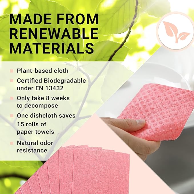 Swedish Wholesale Dishcloths Reusable 8" x 7" Sponge Cloths, Bulk 10 Pack of High Absorbent Cellulose Dish & Kitchen Cleaning Hand Towels, Wring to Dry & Machine Wash, Odor Resistant, Yellow