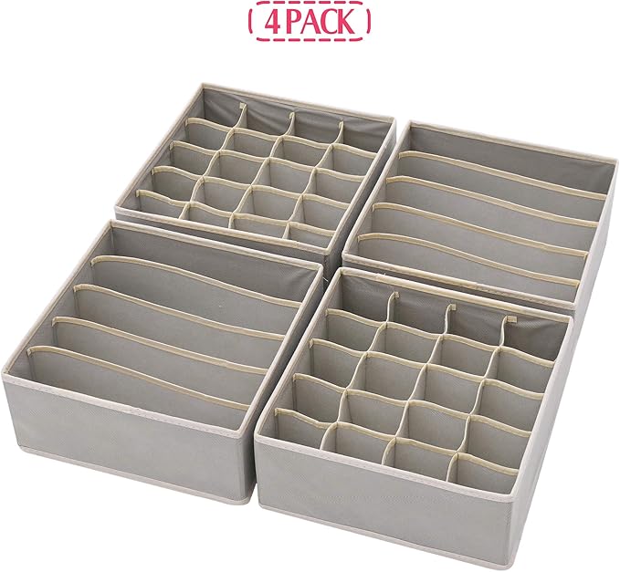 DIOMMELL Set of 4 Foldable Cloth Storage Box Closet Dresser Drawer Organizer Fabric Baskets Bins Containers Divider for Clothes Underwear Bras Socks Lingerie Clothing, Grey 22-0000