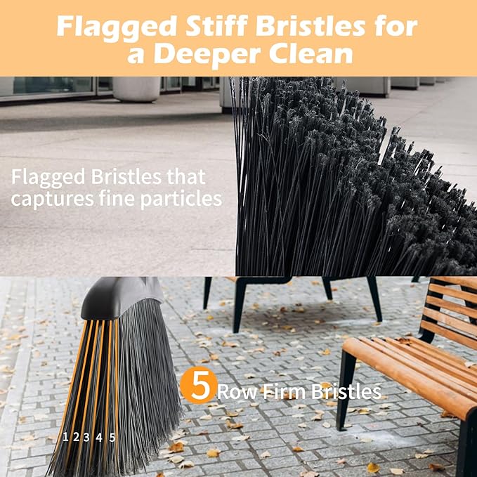 Outdoor Broom and Dustpan Set with Long Handle, Heavy Duty Upright Standing Dust Pan with Windbreak Cover and Broom Combo for Sweeping Indoor Outdoor Commercial Use