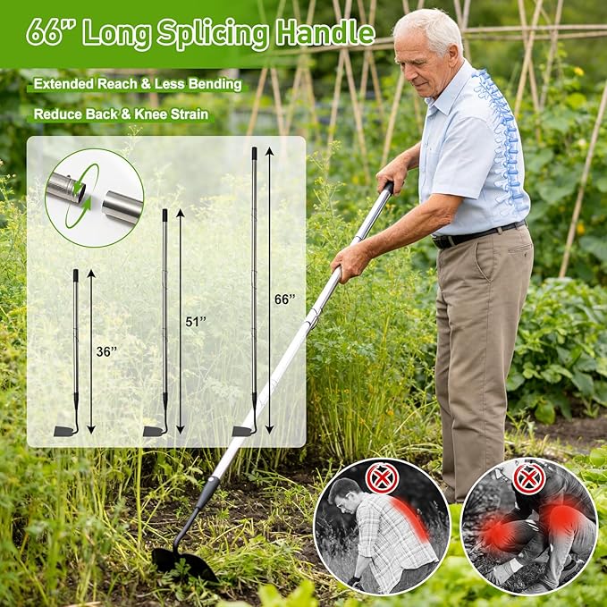 Garden Hoe for Weeding, Heavy Duty Draw Hoe Garden Tool for Plowing,Cultivating,Trenching, Ridging,Tilling Loosening Soil,Scraping Weeder with 60” Handle for Stand Gardening, Reduce Back Strain